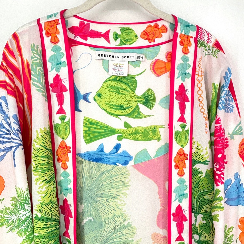 Gretchen Scott Sea Sway Open Kimono Duster Jacket White Pink Green Size M/L - Picture 9 of 16